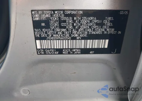 2005 Toyota Rav4 z USA, uszkodzony, nr VIN JTEHD20V956032542